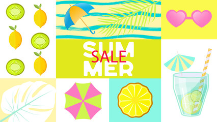 Big summer sale banner. Hello Summer Sale poster. Weekend, cocktails, juices, fruits. Summer time wallpaper. Vector illustration