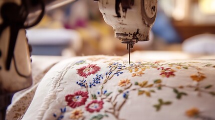 Close up of a vintage embroidery machine with a needle delicately stitching a floral pattern on a piece of fabric showcasing traditional techniques blended with modern tools in textile craftsmanship