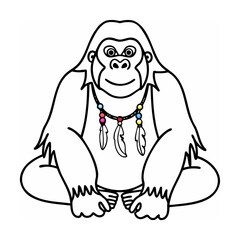 Black and white line art illustration of a gorilla with a beaded necklace and feathers