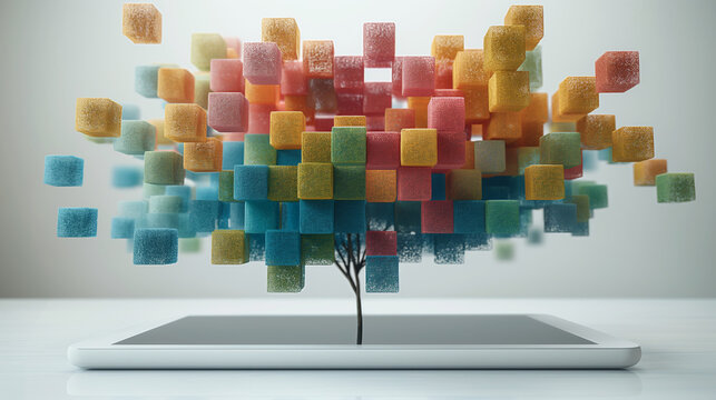 Fototapeta Exploding cubes symbolize digital growth. Colorful 3D data blocks form abstract tree on tablet screen. Ideal for AI, big data, tech education, and innovation concepts.