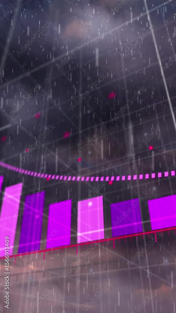 Poster animation of statistical data processing over thunderstorm and rain falling against dark clouds
