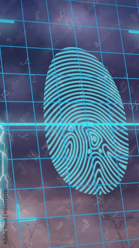 Poster animation of biometric fingerprint scanner over grid network against thunderstorm and dark clouds