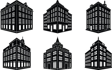 Vector art of six black building silhouettes isolated on a transparent background
