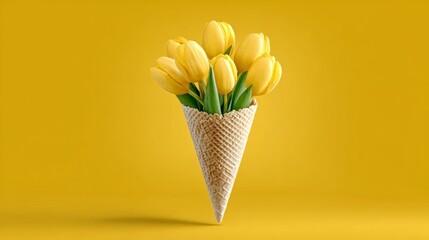 Cone shaped container with yellow flowers in it. The flowers are yellow and the container is made of ice