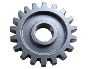 Industrial Grey 3D Gear Icon with Textured Surface, isolated on a transparent background