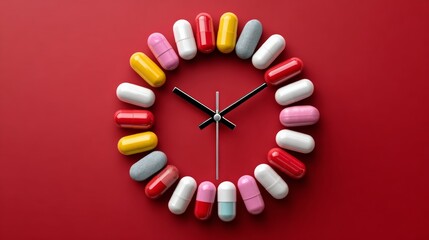 Colorful pill clock with a red background. The clock is made of many different colored pills. The clock is showing the time as 10:00