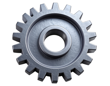 Industrial Grey 3D Gear Icon with Textured Surface, isolated on a transparent background