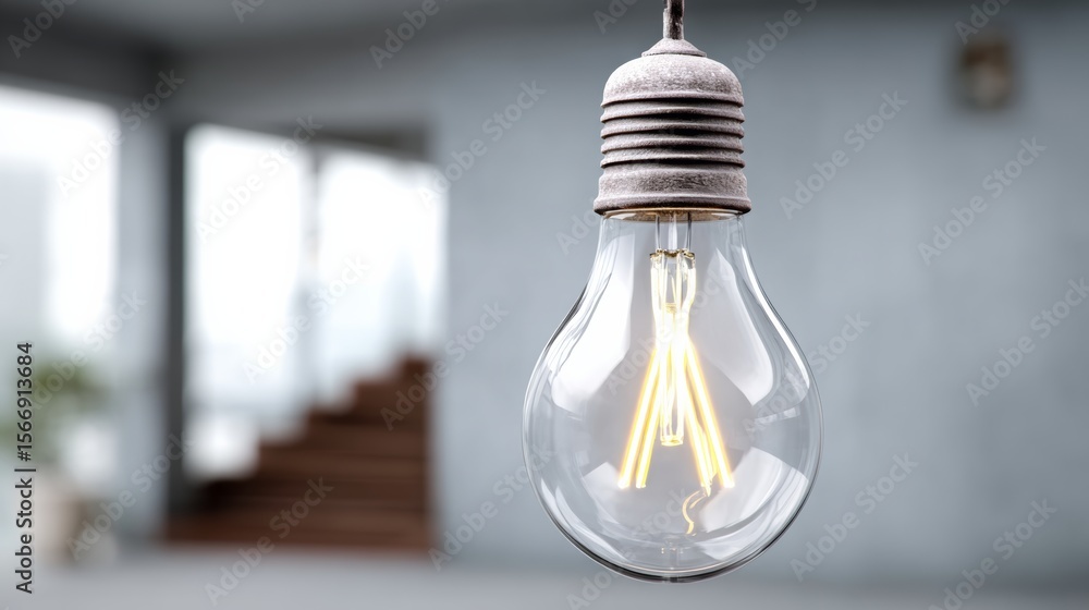 Poster light bulb hanging from the ceiling in a room. the bulb is lit up and has a warm glow. the room is e