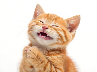 Obraz premium Close up of an orange tabby kitten with closed eyes and mouth open in a white background studio shot