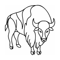 Black and white line art illustration of a bison on a white background