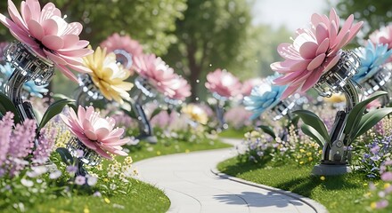 A whimsical garden path lined with giant, colorful flowers.