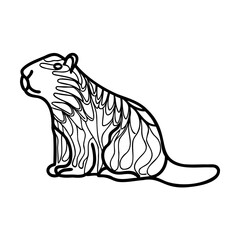 Black and white one line art illustration of a beaver sitting