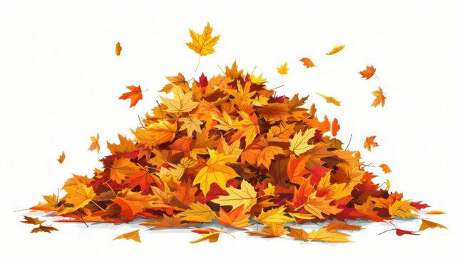 A colorful pile of fallen autumn leaves on a white background