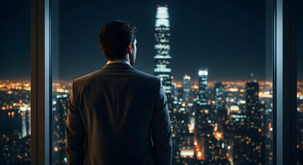 Fototapeta premium Businessman viewing cityscape at night