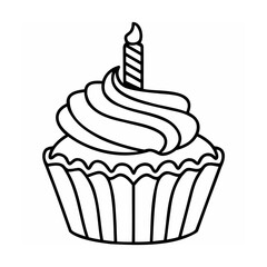 Black and white line art cupcake with candle on white background