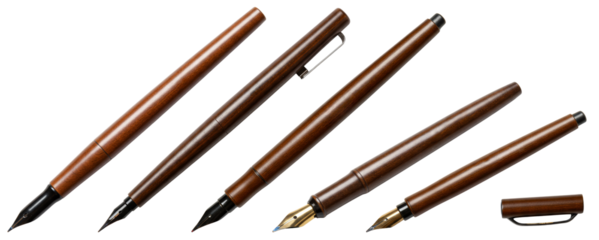Set of elegant brown fountain pens on transparent background  