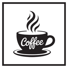 Obraz premium A steaming cup of coffee with the word coffee isolated on white background