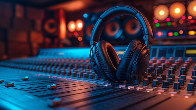 Blue tones highlight creative precision. Headphones resting on soundboard in dimly lit music studio. Ideal for audio branding, sound engineering, and production visuals.