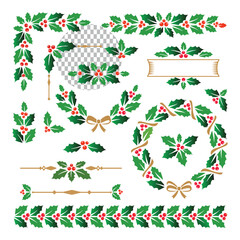 Christmas Holly Border Elements and Wreaths Festive Vector Set A vibrant and festive collection of vector holly decorations featuring traditional green holly leaves and red berries. This Christmas Mas