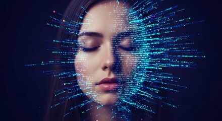 Serene woman's face overlaid with a digital, data-like burst of blue light.