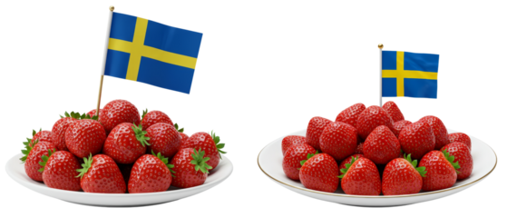 Fresh strawberries on plates with Swedish flags for festive decoration  