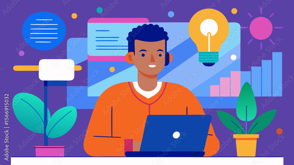 Poster man working on laptop with creative ideas and digital charts in colorful workspace
