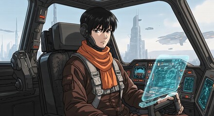 A young pilot sits in a futuristic cockpit, interacting with a holographic display.