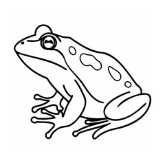 Black and white line art illustration of a frog on white background