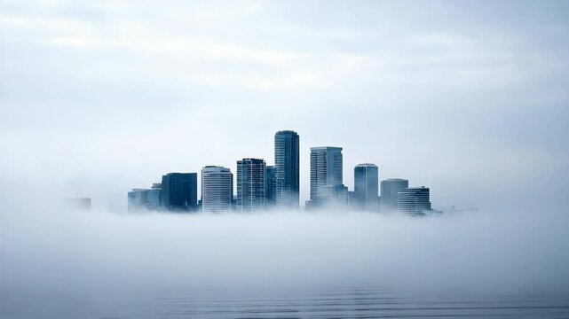 Modern cityscape skyscraper fog urban skyline architecture building misty downtown highrise tranquil morning reflection water blue business city office residential contemporary exterior cloud