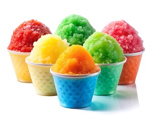 Colorful shaved ice desserts in cups are isolated on white background