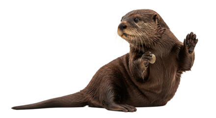 A cute otter holds a small stone, waving a paw in a playful pose.