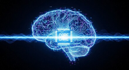 A glowing digital brain, circuit-embedded, processes data, core code visible.