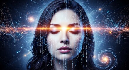 A woman with closed eyes, emanating energy and connected to a digital network.