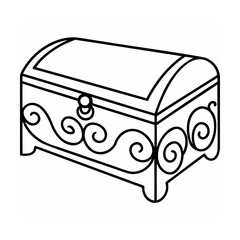 Black and white line art chest with decorative scrollwork and rounded lid