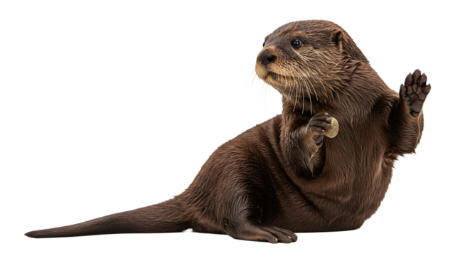 A cute otter holds a small stone, waving a paw in a playful pose.