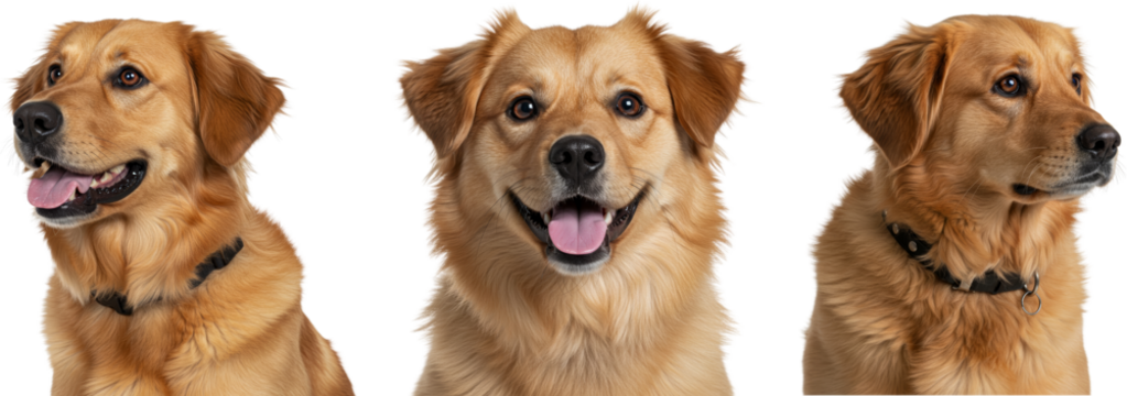Golden retriever dog posing with different expressions on transparent background  