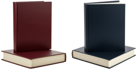 Two hardcover books in burgundy and navy blue on simple background  
