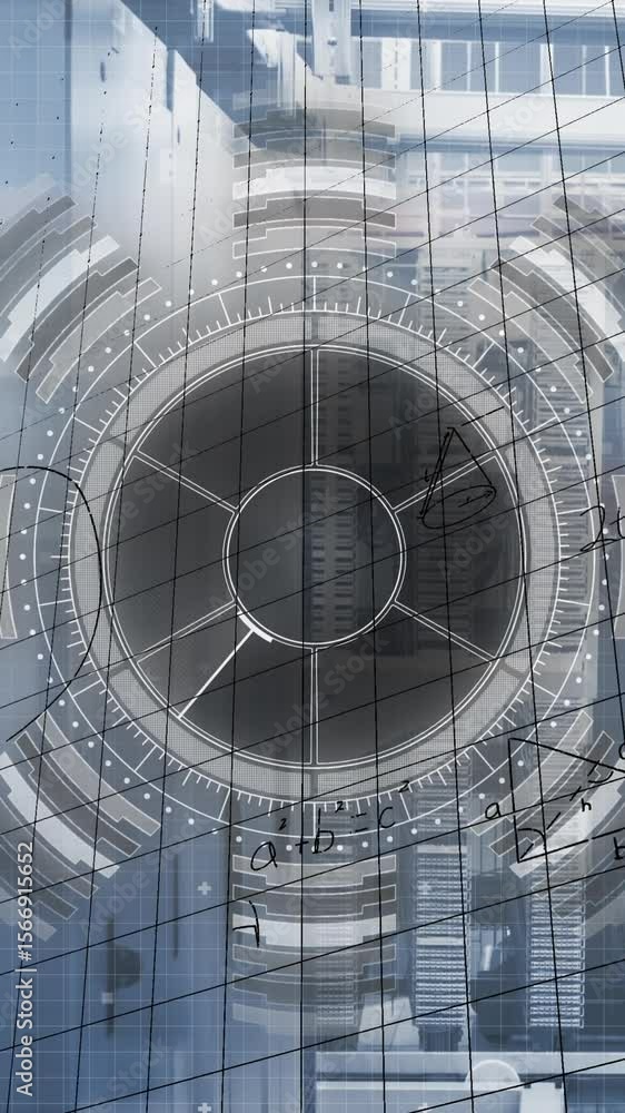 Poster animation of mathematical equations over round scanner and data processing against server room