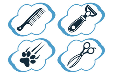 Set of 4 icons for pet grooming tools. White background. Gradient shape style, add blue and black as the main colors.