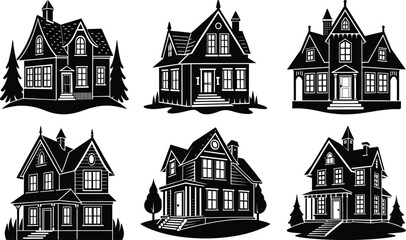 Vector art of six classic houses isolated on a transparent background