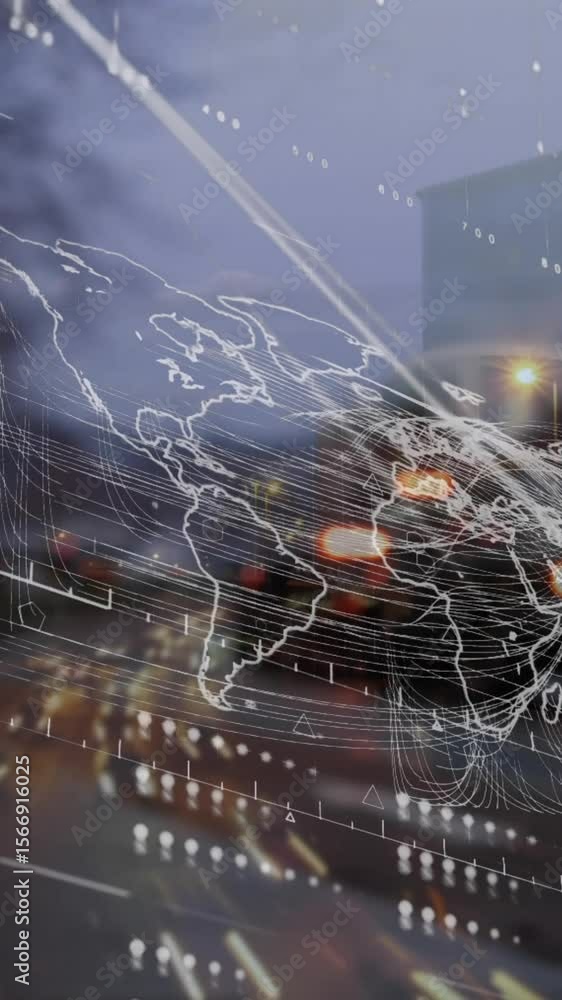 Poster animation of data processing on digital interface over cityscape on screen