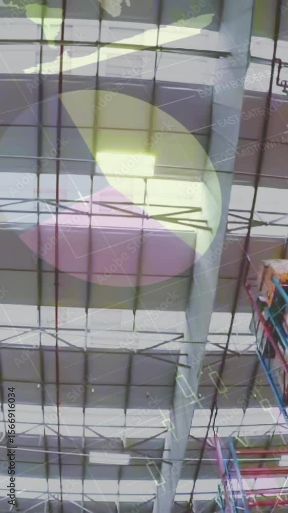 Poster animation of data processing over empty warehouse