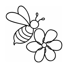 Black line art bee and flower illustration on white background