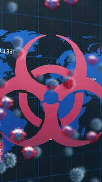 Animation of biohazard sign over coronavirus cells floating