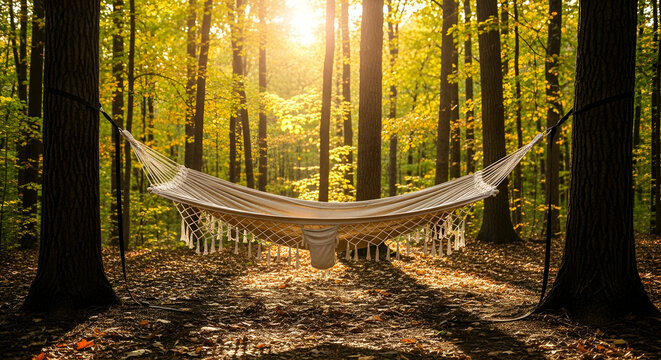 Empty hammock in forest sunlight