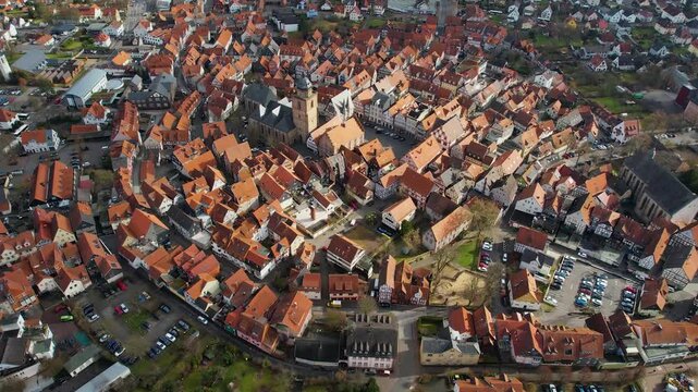 Aerial view of the downtown of the city Alsfeld, 36304 in Germany on a sunny afternoon in autumn	
