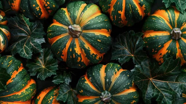 A pile of pumpkins in various shades of orange and green, stacked on top of each other