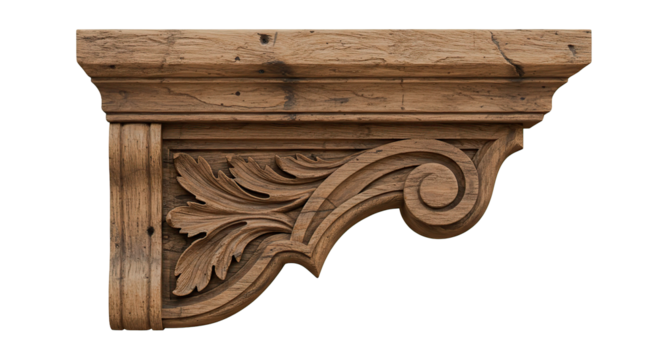 Beautifully carved wooden corbel with intricate leaf and scroll details against a black backdrop.