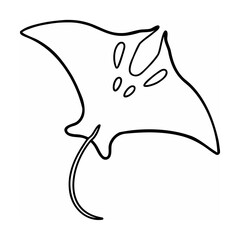 Black and white one line art illustration of a manta ray on white background