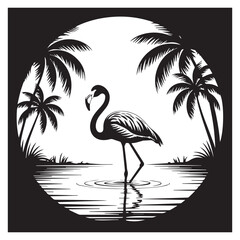 A flamingo stands in the water surrounded by palm trees in silhouette
